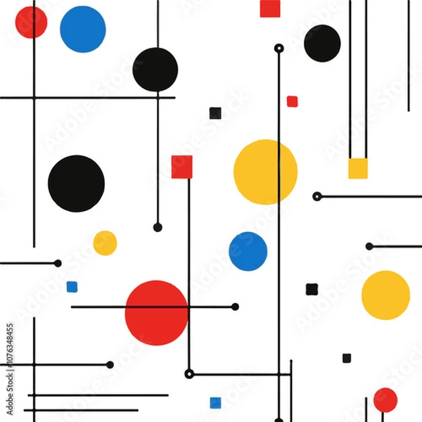Obraz abstract pattern, Bauhaus style, red, blue, yellow, black, and white, geometric shapes, flat design, white background