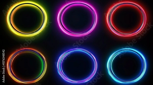 Fototapeta A set of colorful neon light rings, featuring glowing colored circles as a background. The 3D electric LED or halogen lamp round frames create a vibrant, dynamic effect,