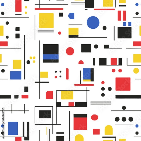 Obraz abstract pattern, Bauhaus style, red, blue, yellow, black, and white, geometric shapes, flat design, white background