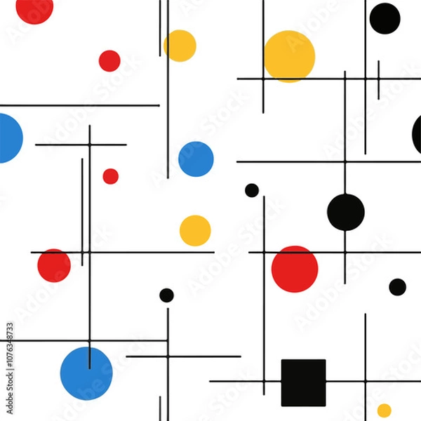 Obraz abstract pattern, Bauhaus style, red, blue, yellow, black, and white, geometric shapes, flat design, white background