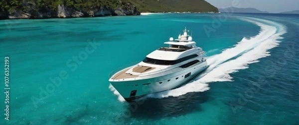 Obraz A luxury yacht cutting through turquoise water leaving a clear trail