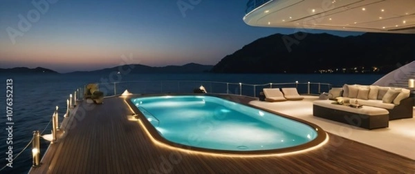 Fototapeta A luxury yacht anchored in a secluded bay with an infinity pool and party lights visible on deck