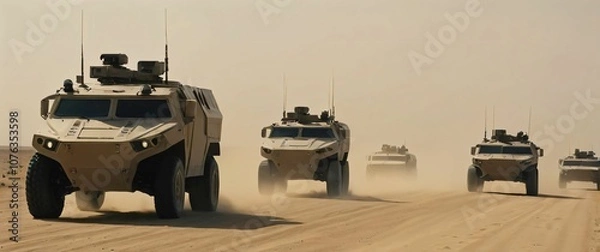 Obraz A convoy of futuristic military vehicles moving through a desert with a sandstorm approaching