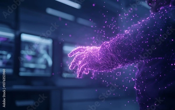 Fototapeta A glowing, purple energy emanates from a person's hand in a futuristic environment, suggesting a connection with technology and digital realms.