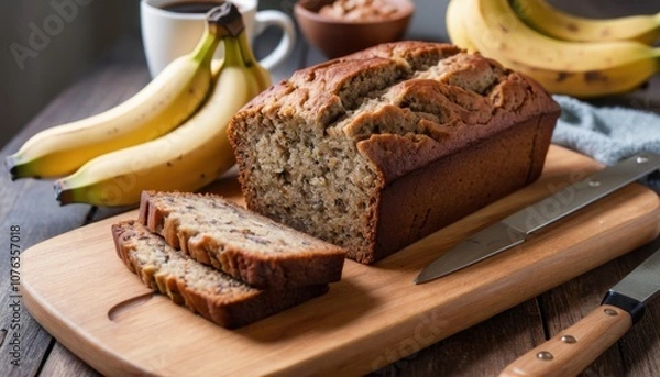 Obraz banana bread slices on a wooden cutting board, cozy breakfast setup