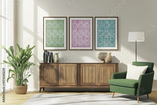 Obraz Cozy interior design with green armchair and posters in Maroccan style