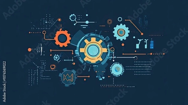 Fototapeta Abstract digital background with gears and lines