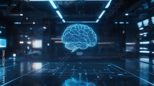 Fototapeta Holographic 3D AI Brain Model with Glowing Nodes
