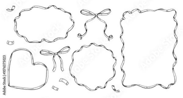 Obraz A vintage set of hand drawn ribbon and bow frames in various shapes. Perfect for invitations, cards, or gift tags. The black and white vector art provides customizable copy space for your messages