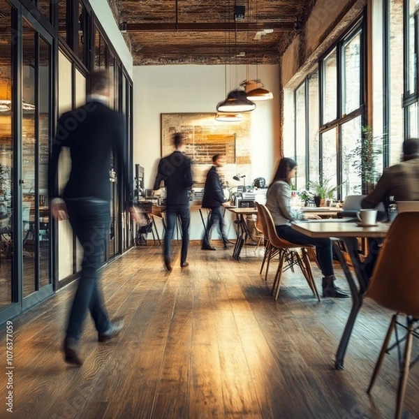 Fototapeta blured business people walking with fast movement in office and people meeting on table