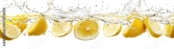 Fototapeta Lemon Slices Splashing in Water with Air Bubbles