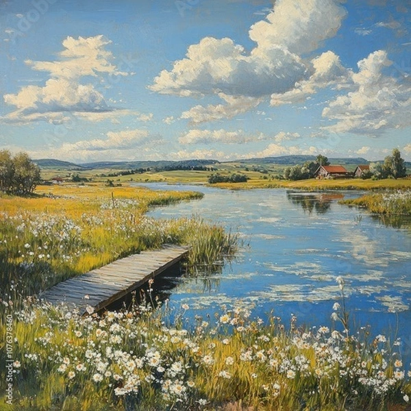 Fototapeta A Wooden Footbridge Over a Calm River in a Rural Landscape with a Farmhouse in the Distance
