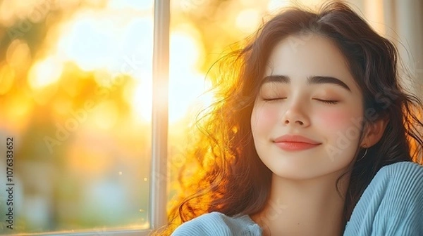 Fototapeta The woman sat peacefully by the window, bathed in the warm golden light of the setting sun, a gentle smile playing on her lips as she closed her eyes and breathed in the tranquility surrounding her.