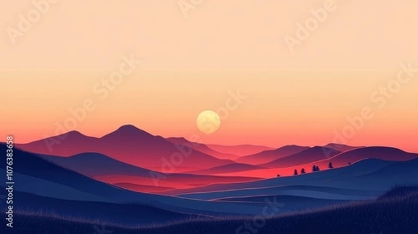 Obraz Sunset Over Rolling Hills. Minimalist Flat Art.