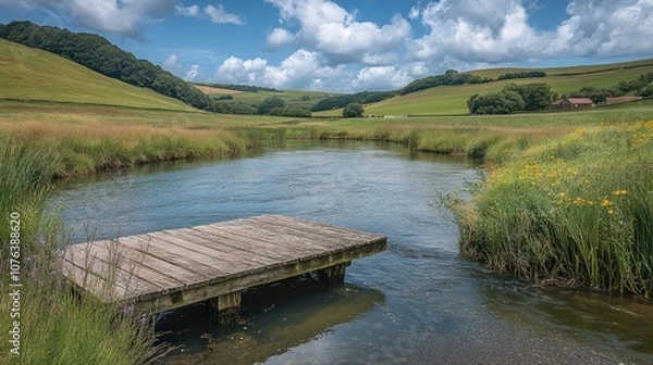 Fototapeta Wooden Dock on a Tranquil River in a Rural Setting with Rolling Hills and Lush Greenery