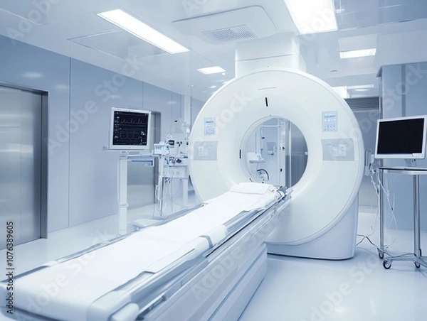 Fototapeta Modern MRI machine in a clinical setting, showcasing advanced medical technology and equipment.