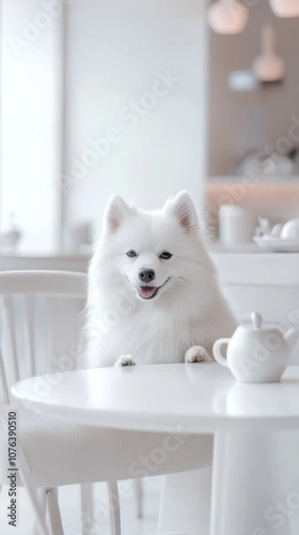 Fototapeta Fluffy white dog sitting at a table in a minimalist caf? setting, exuding charm and elegance with a cozy atmosphere.