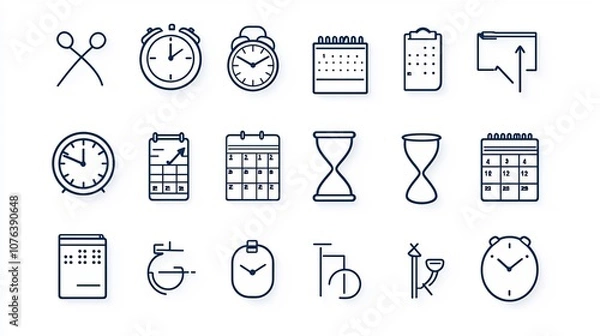 Fototapeta Collection of 15 minimal icons in outline style for time tracking and countdown purposes featuring a minute counter weekly calendar and hourglass design elements