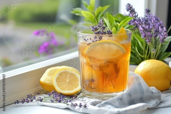 Obraz A refreshing glass of iced tea garnished with lemon slices and herbs, surrounded by fresh lemons and lavender, set in a bright, sunny window.
