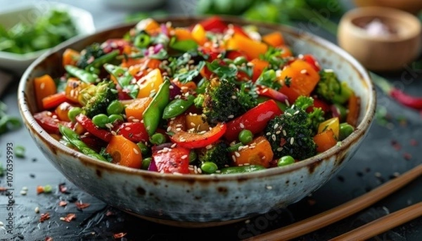 Fototapeta Colorful Vegetable Stir-Fry with Sesame Seeds in a Bowl