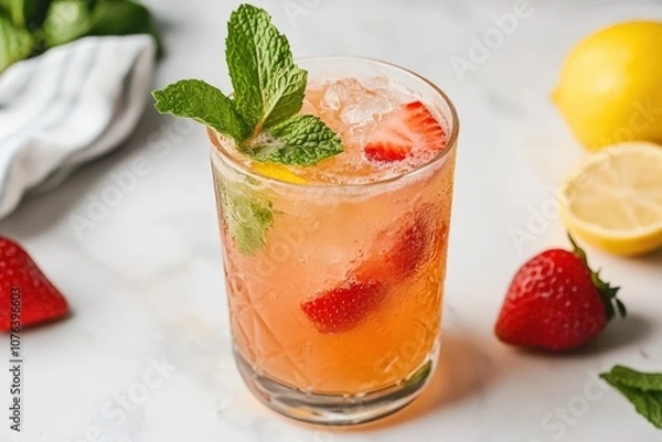 Obraz A refreshing strawberry mint beverage served in a glass, garnished with mint leaves, alongside fresh strawberries and lemon slices.