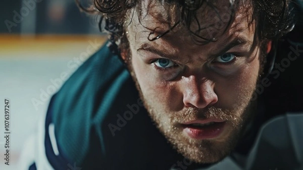 Fototapeta Intense hockey player chasing the puck during a thrilling ice hockey match