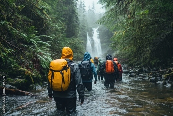 Fototapeta Hikers with Backpacks Traverse a Forested Creek in the Rain