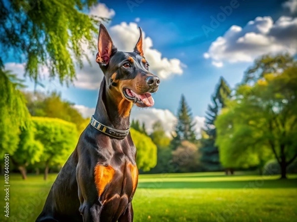 Fototapeta Captivating Doberman Pinscher in a Natural Setting, Showcasing Strength and Elegance with Rule of Thirds Composition for Maximum Visual Impact