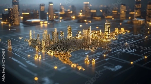 Fototapeta Futuristic digital representation of a vast network of interconnected data points with a golden pixelated structure that conveys a sense of technological depth and movement