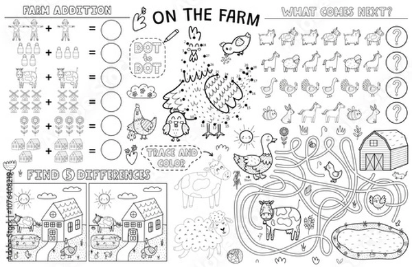 Fototapeta On the farm placemat with cute animals. Farm activity mat for kids with dot to dot, find 5 differences, maze and other games. Vector illustration