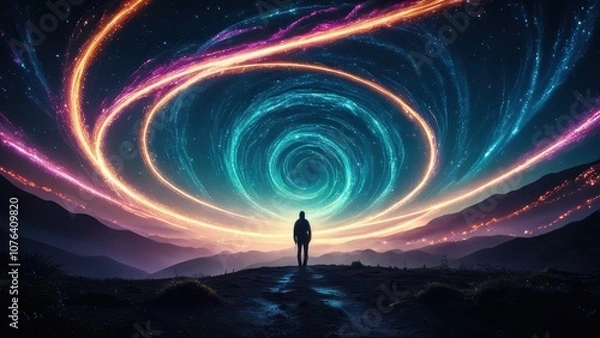Fototapeta A person stands at the edge of a mystical landscape, gazing at a vibrant spiral of light against a starry sky, representing a journey into the unknown