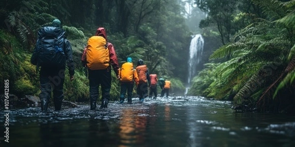 Fototapeta Hikers in Raincoats Traverse a Creek in a Lush Rainforest Setting
