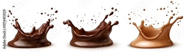 Fototapeta Three Chocolate Splashes with Droplets on White Background