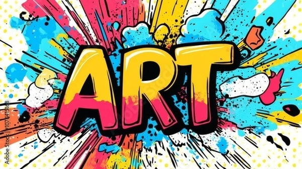 Fototapeta Art Explosion: A vibrant, comic-book-style illustration of the word "ART," bursting with color and energy. Perfect for projects related to creativity, expression, and artistic passion.