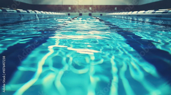 Fototapeta Pristine Indoor Swimming Pool with Sparkling Clear Blue Water Reflecting Soft Light and Lanes for Competitive Swimming