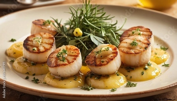 Fototapeta Grilled Oysters with Herb Butter Sauce