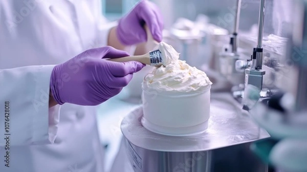 Fototapeta Close-Up of Female Scientist Using High-Speed Machine to Mix Cream in Lab with Modern Equipment