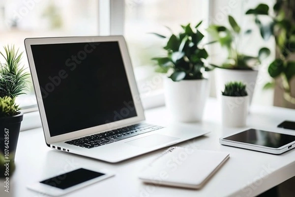Fototapeta Minimalist Workspace with Laptop, Plants, and Notebook - Modern Home Office Design