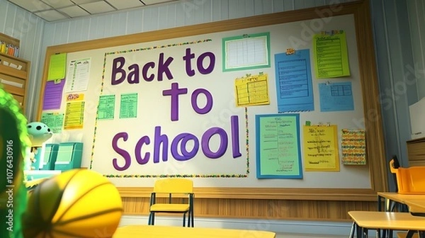 Fototapeta A well-organized classroom with colorful charts and a cheerful "Back to School" sign promoting a welcoming environment