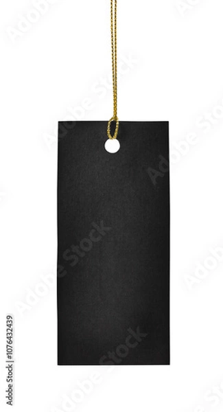Fototapeta one black price tag with golden string isolated on white background