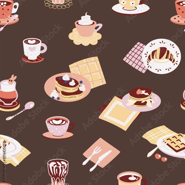 Fototapeta Breakfast hand drawn doodle seamless pattern. Food and drink. Collection of meals: different types of coffee, pancakes, croissant.
