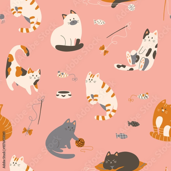 Fototapeta Cute seamless pattern with cats in doodle style. Hand drawn vector illustration.
