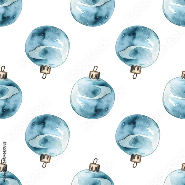Fototapeta Watercolor pattern with christmas tree decorations on a white background