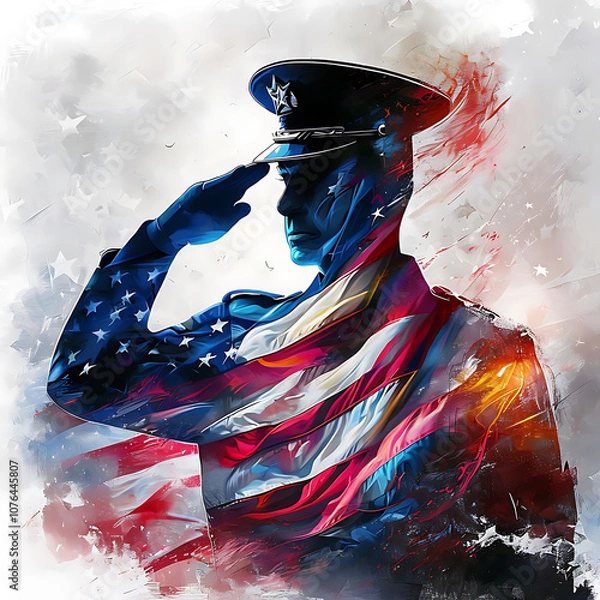 Fototapeta Military officer saluting with American flag overlay, symbolizing patriotism and honor. artistic representation evokes sense of pride and respect