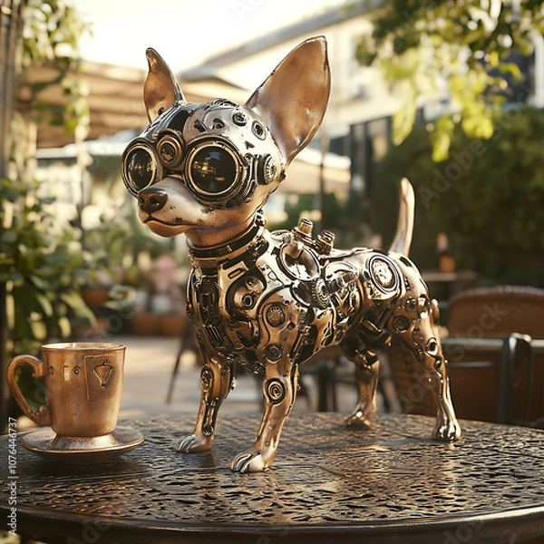 Fototapeta robotic Chihuahua with steampunk style stands on table, showcasing intricate metallic details and goggles. warm ambiance enhances its unique charm