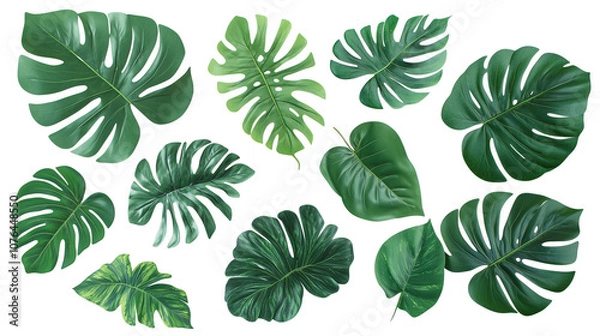 Fototapeta Set of large green monstera leaves isolated on transparent background