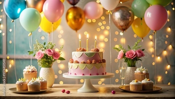 Fototapeta Elegant and Cheerful Birthday Clipart Featuring Festive Decorations, Colorful Balloons, and a Joyful Cake, Perfect for Celebrating Special Occasions and Creating Invitations