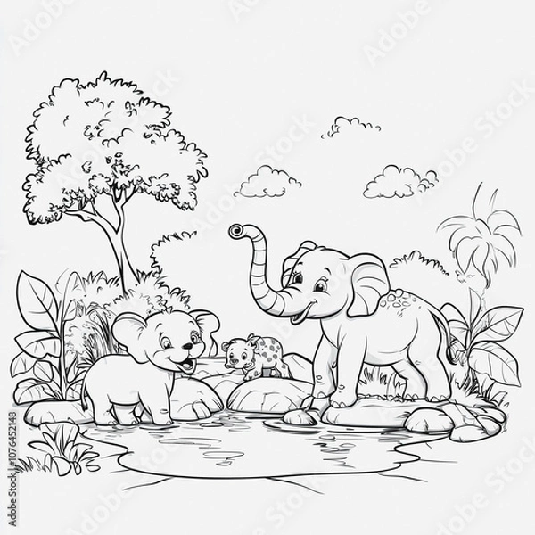 Fototapeta Playful Animals by Water: A Delightful Scene with an Elephant, a Baby Elephant, and a Snake Amidst Lush Tropical Foliage and a Lively Environment