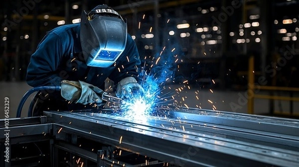 Fototapeta A professional welder wearing protective equipment such as a welding mask and gloves is captured in an industrial setting  Dramatic blue sparks are created as they expertly weld metal