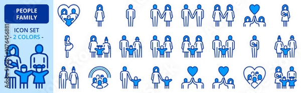 Fototapeta Icons in two colors about people, types of family structures